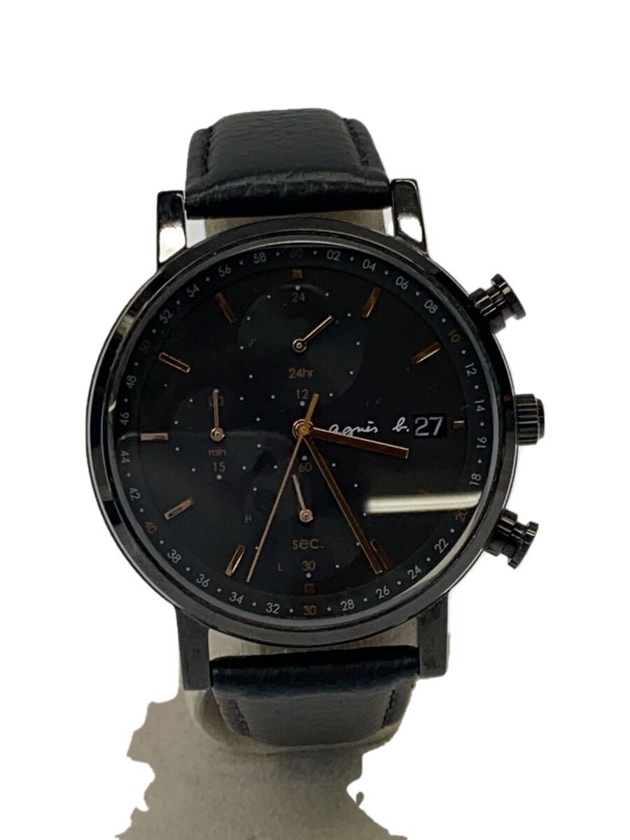 agnes b.◆ソーラー腕時計/アナログ/レザー/BLK/BLK/SS/VR43-KNG0