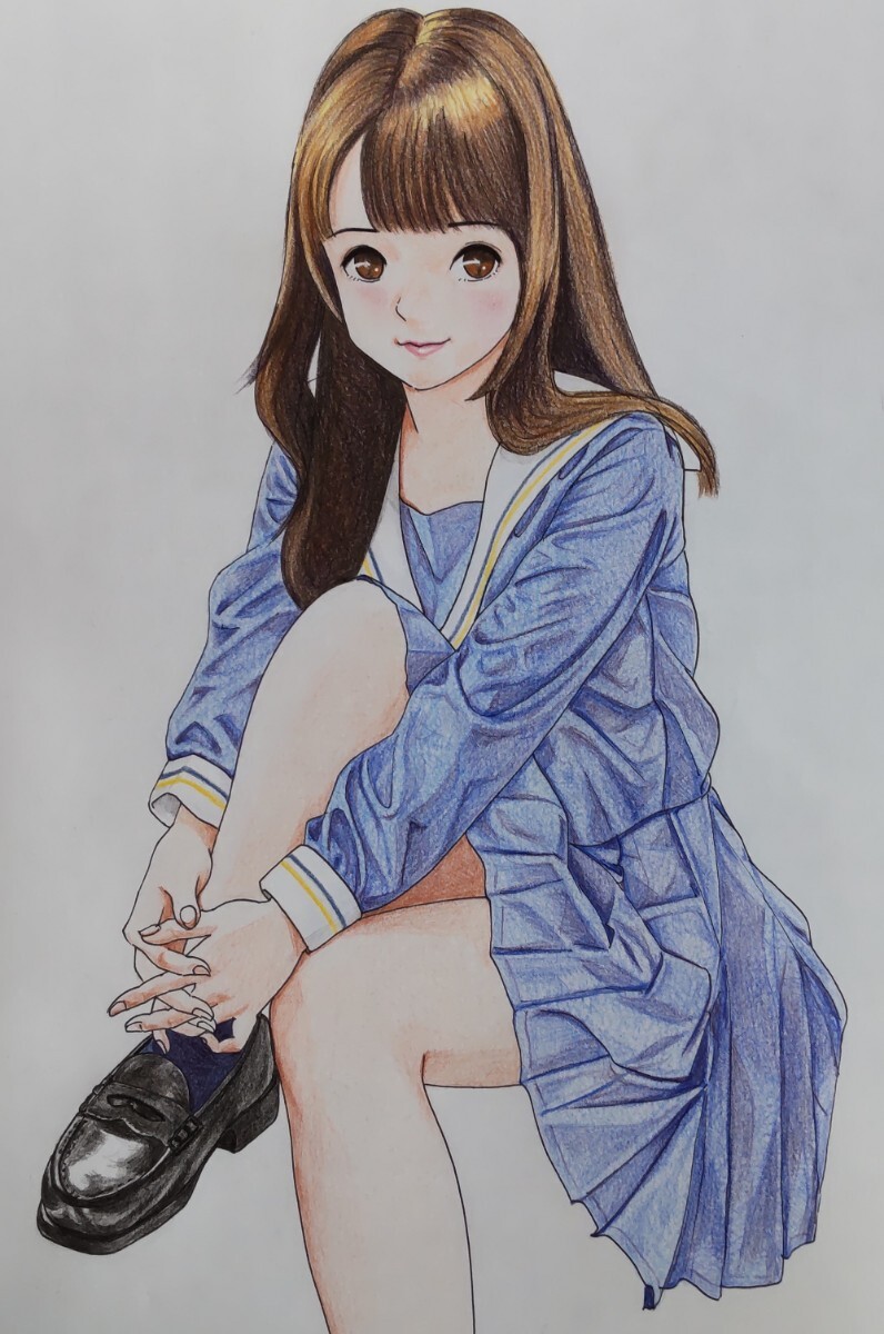 手描きイラスト A4サイズ 色鉛筆画 セーラー服 ローファー 手描きイラスト A4サイズ 色鉛筆画 セーラー服 ローファー