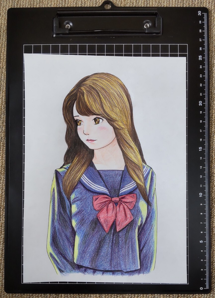 手描きイラスト B5サイズ 色鉛筆画セーラー服 ロングヘアの 手描きイラスト B5サイズ 色鉛筆画セーラー服 ロングヘアの