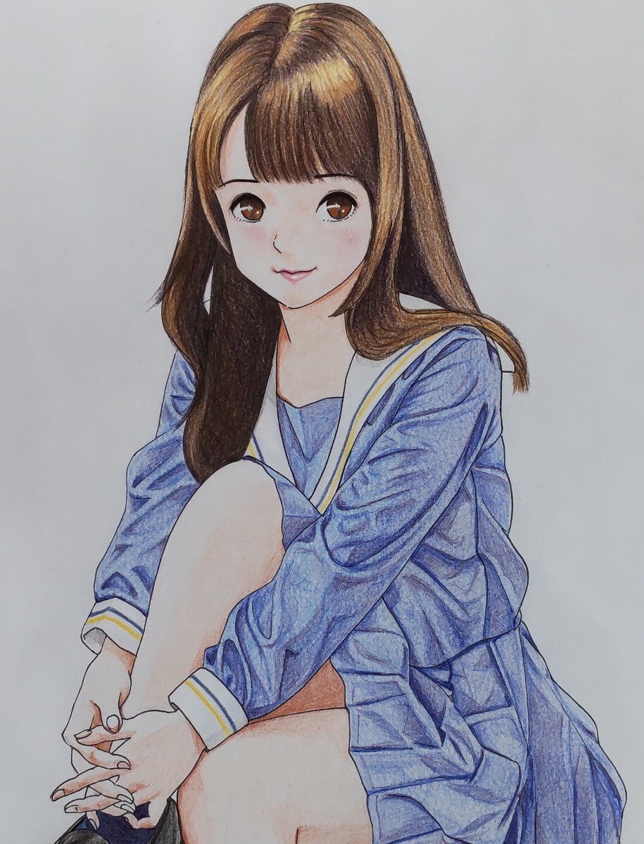 手描きイラスト A4サイズ 色鉛筆画 セーラー服 ローファー 手描きイラスト A4サイズ 色鉛筆画 セーラー服 ローファー
