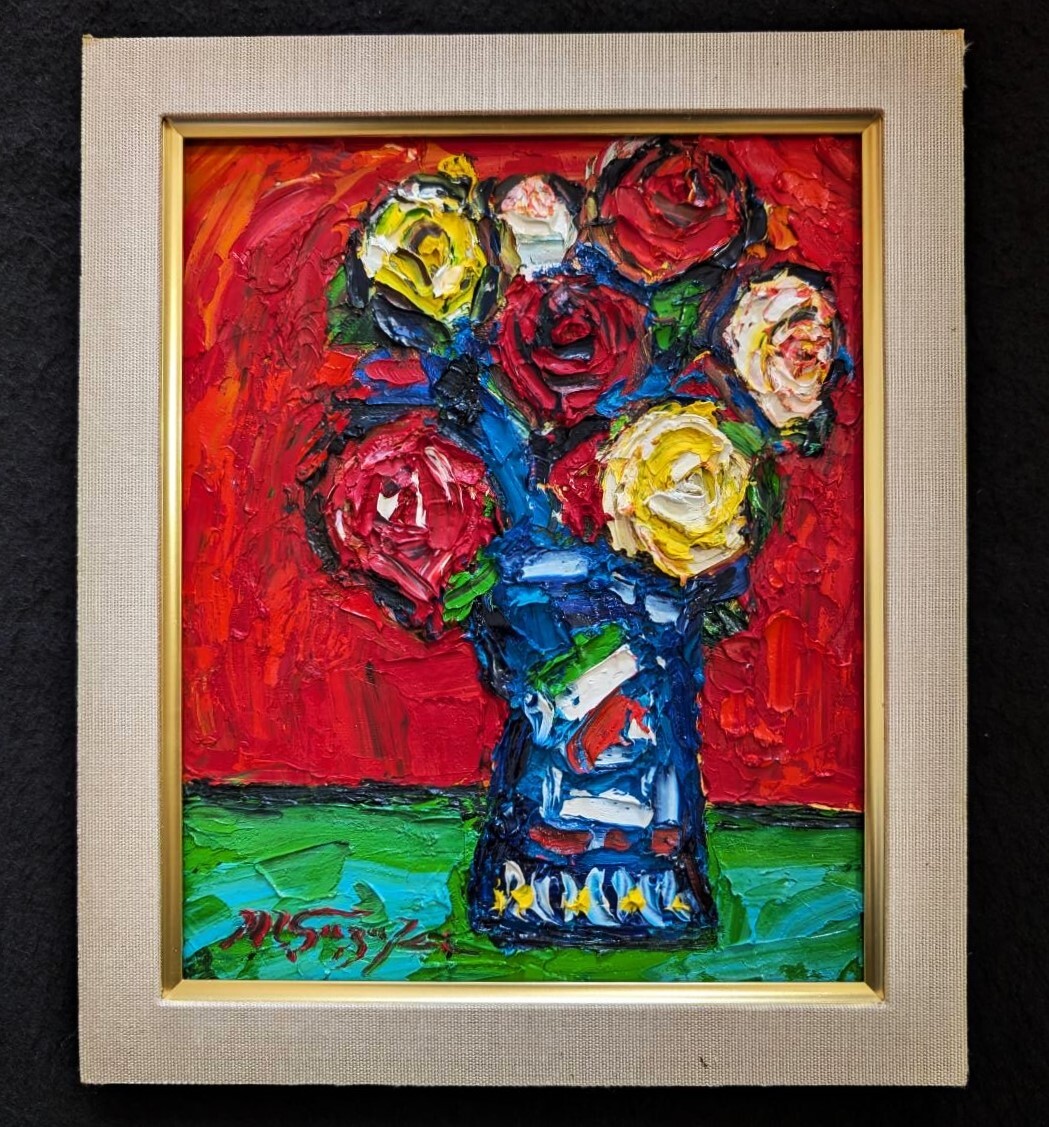 ☆収集家放出//日本画家 鈴木マサハル 肉筆 油彩画『薔薇//バラ ☆収集家放出//日本画家 鈴木マサハル 肉筆 油彩画『薔薇//バラ