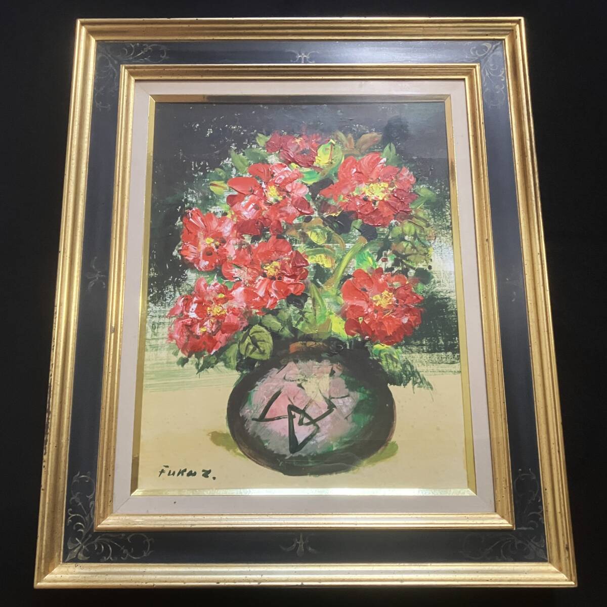 ☆収集家放出//日本洋画家 福澤一郎 肉筆 油彩画『花瓶に薔薇 ☆収集家放出//日本洋画家 福澤一郎 肉筆 油彩画『花瓶に薔薇