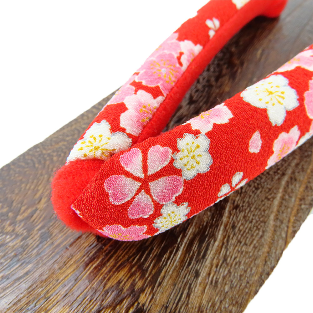 中古 下駄 未使用展示品 フリーサイズ ポリエステル 桐 赤 ピンク系 茶 浴衣用 桜柄 かわいい 和裝 呉服 和服 きもの レディース 女性