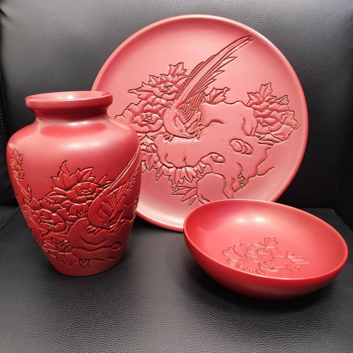 村上堆朱 3点まとめ 花瓶/丸盆/菓子鉢 木工芸 伝統工芸 村上特産 村上堆朱 3点まとめ 花瓶/丸盆/菓子鉢 木工芸 伝統工芸 村上特産