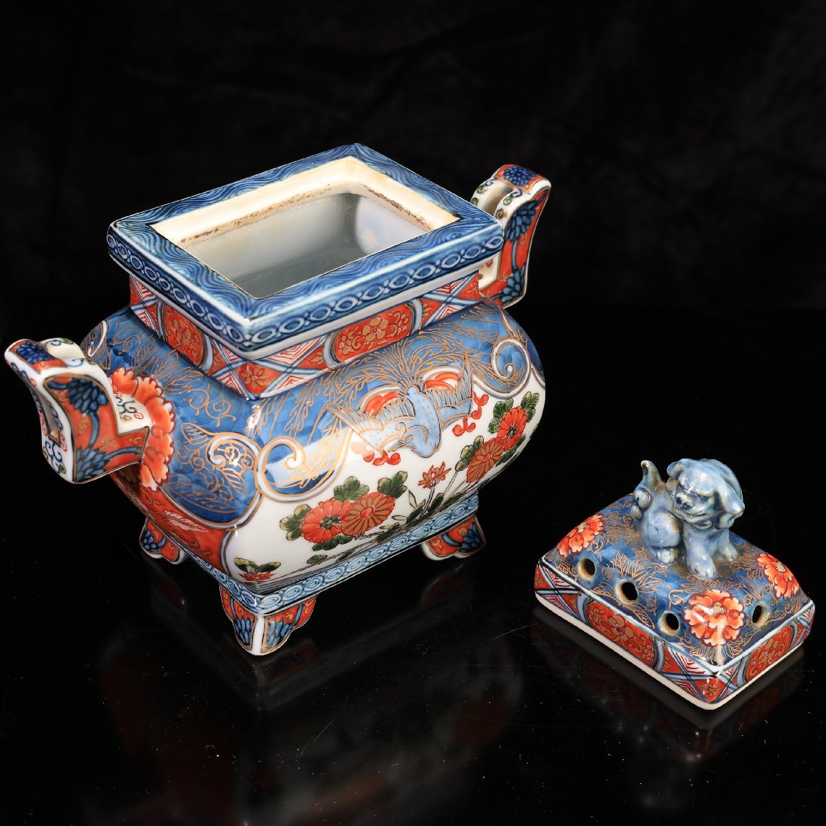 珍品堂】1円から D020 源右衛門窯 置物 古伊万里花鳥香炉 獅子蓋 珍品堂】1円から D020 源右衛門窯 置物 古伊万里花鳥香炉 獅子蓋