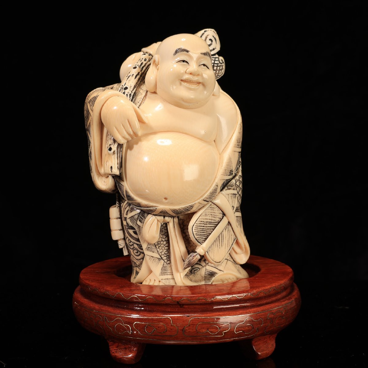 珍品堂】1円から 置物 布袋様 仏教 細密彫刻 天然素材 特殊白材 珍品堂】1円から 置物 布袋様 仏教 細密彫刻 天然素材 特殊白材
