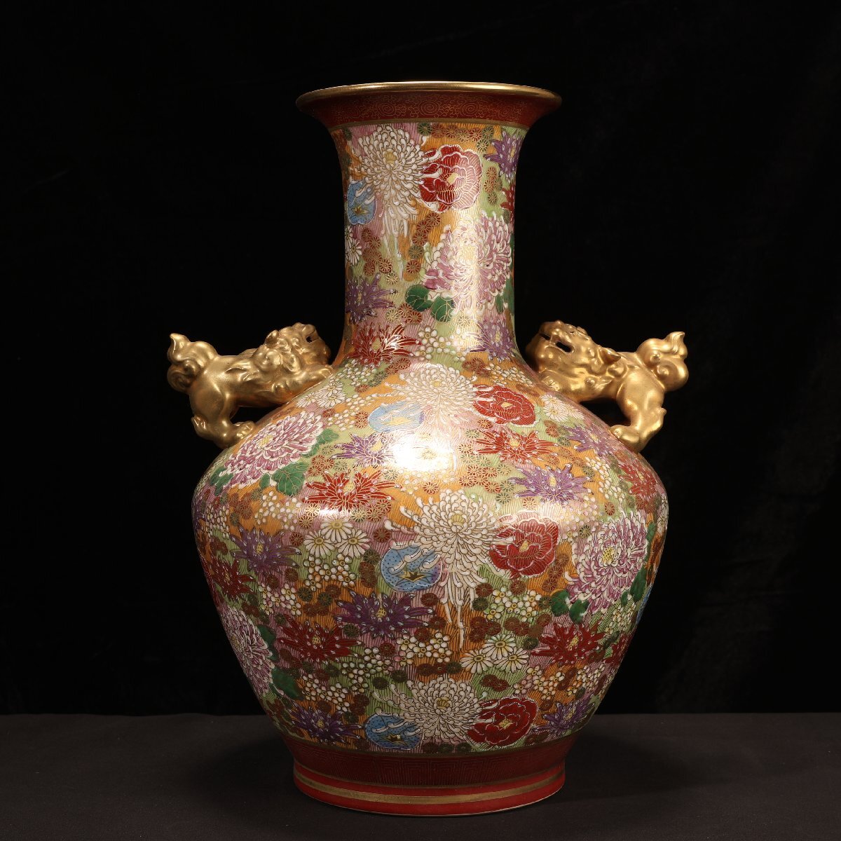 珍品堂】1円から E054 九谷焼 百花花瓶 獅子耳付 花瓶 壺 花器 珍品堂】1円から E054 九谷焼 百花花瓶 獅子耳付 花瓶 壺 花器