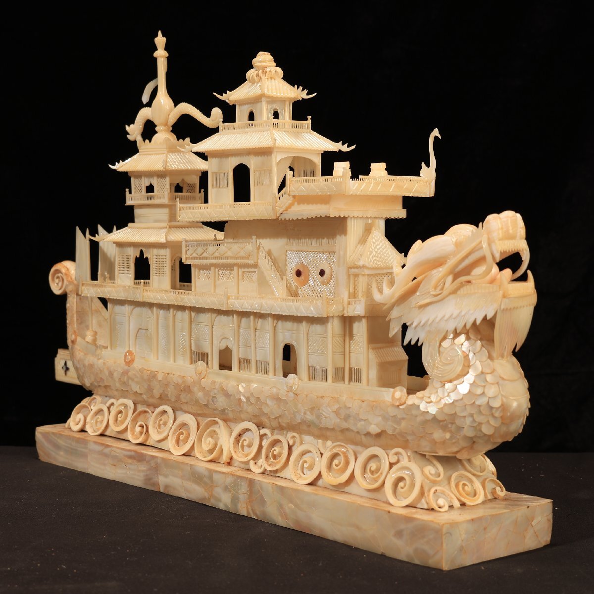 珍品堂】1円から K012 置物 龍船彫刻 細密彫刻 貝 天然素材 特殊 珍品堂】1円から K012 置物 龍船彫刻 細密彫刻 貝 天然素材 特殊