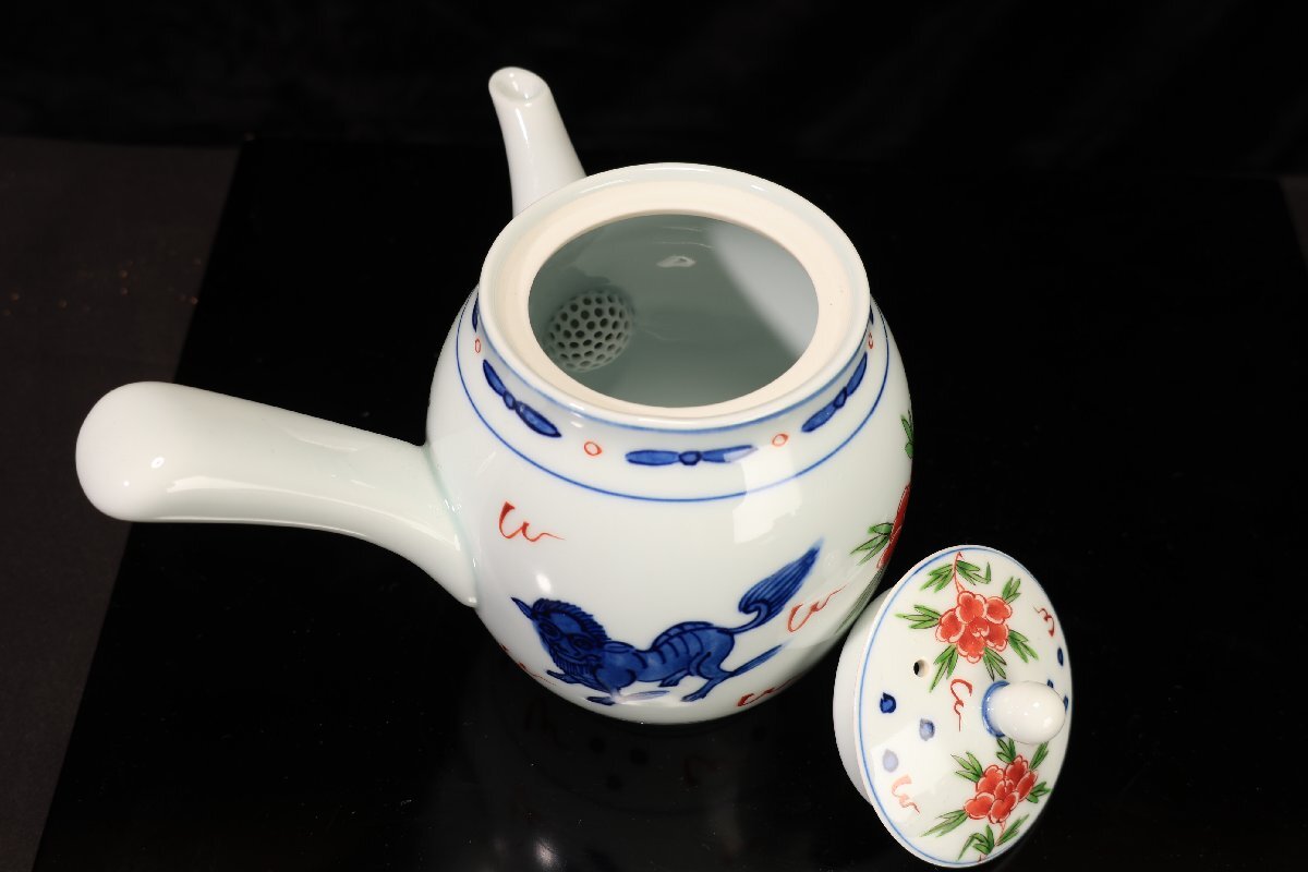 訳あってお買い得！30～80％OFF 珍品堂】1円から C070 源右衛門窯 染錦獅子牡丹絵 急須湯呑み 工芸品