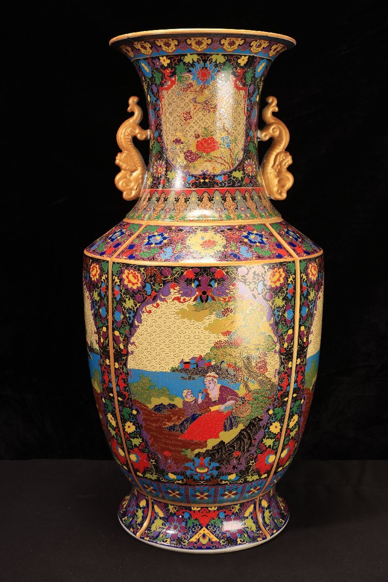 魅力の 珍品堂】1円から B066 薩摩焼 金彩花時物絵 双耳付花瓶 壺 共箱 工芸品