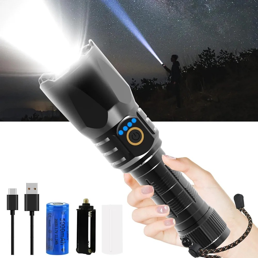 [ супер высокая яркость ] мигающий свет led мощный армия для сильнейший ручной фонарь 4000M супер длина подсветка 50000LM Type-C USB заряжающийся яркий лампа светодиодной подсветки 5 режим 