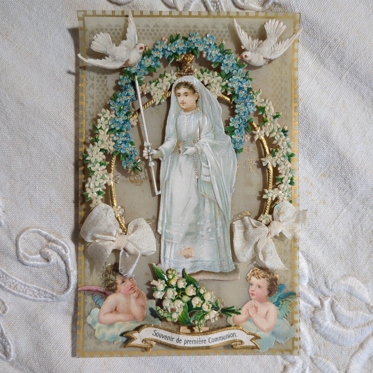 フランスアンティーク 初聖体 立体的なカード 天使 カニヴェ 聖体拝領 ファーストコミュニオン ホーリーカード エンジェル パリ ヴァンヴ_画像3