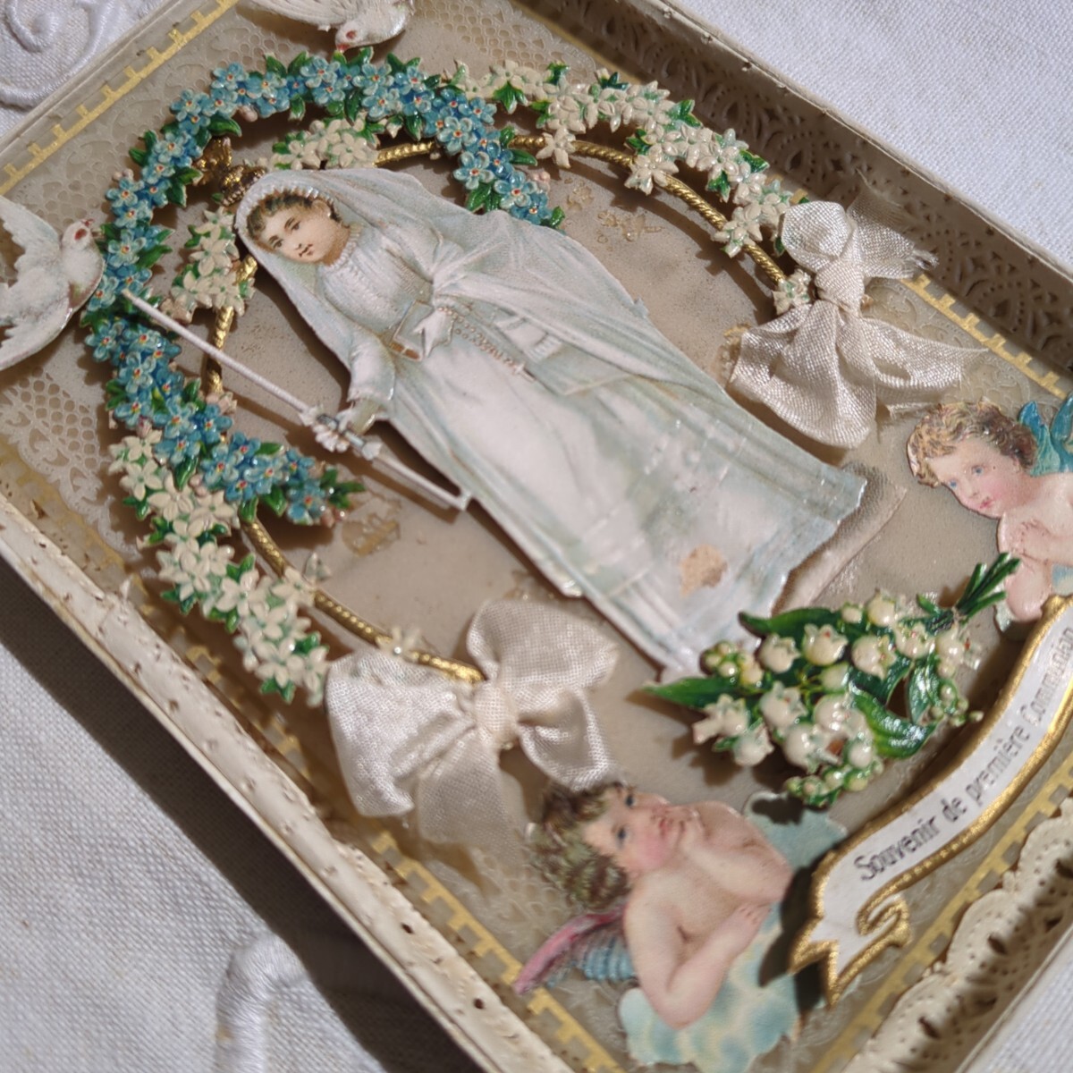 フランスアンティーク 初聖体 立体的なカード 天使 カニヴェ 聖体拝領 ファーストコミュニオン ホーリーカード エンジェル パリ ヴァンヴ_画像7