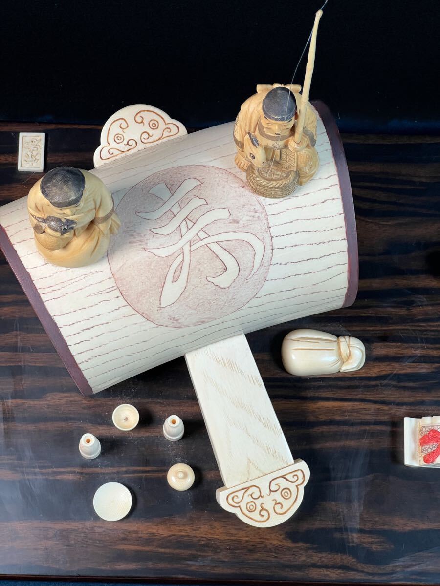 象牙風 置物 細密彫刻 福槌 七福神 小槌 オブジェ 縁起物 骨董 象牙風 置物 細密彫刻 福槌 七福神 小槌 オブジェ 縁起物 骨董