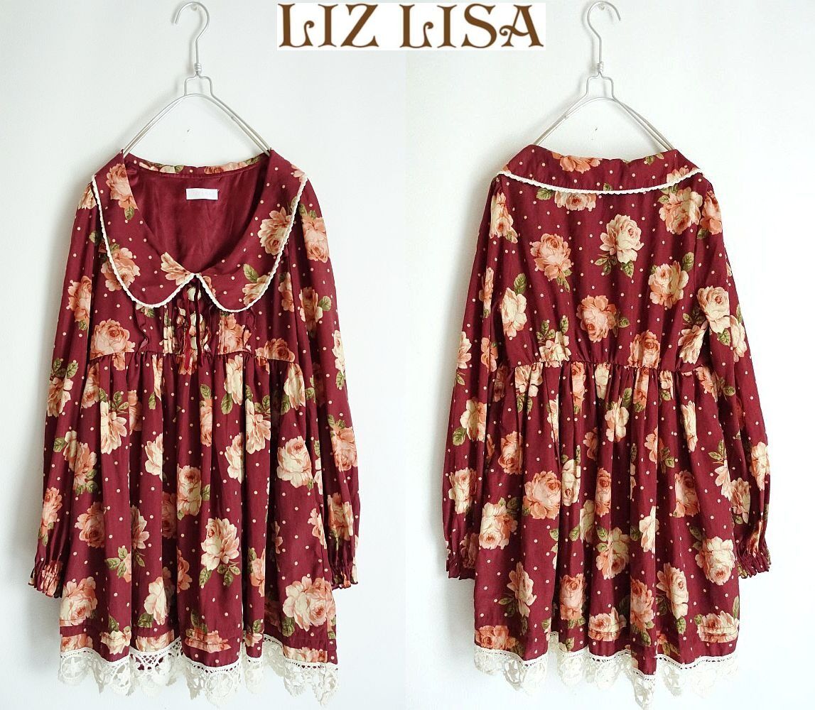美品LIZ LISAリズリサ 薔薇柄 レースフリル襟付きワンピース 0 美品LIZ LISAリズリサ 薔薇柄 レースフリル襟付きワンピース 0