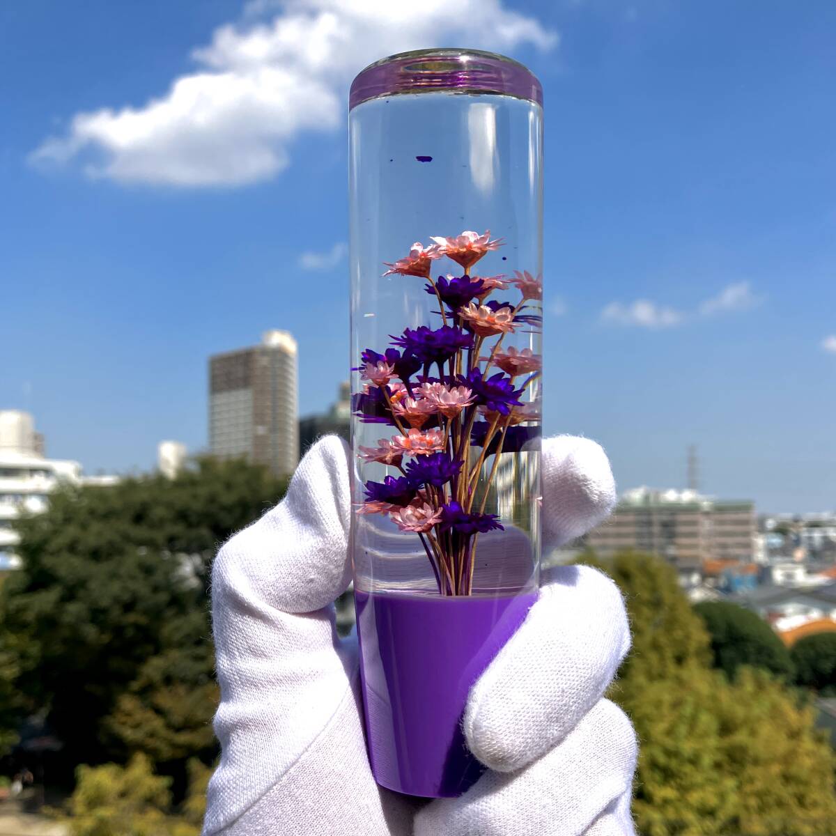 當(dāng)時(shí)物 好きの方にオススメ クリスタルシフトノブ 昭和レトロ ヴィンテージ 水中花 花 和風(fēng) 和 延長 透明 デコトラ mt at 15cm 150mm 紫