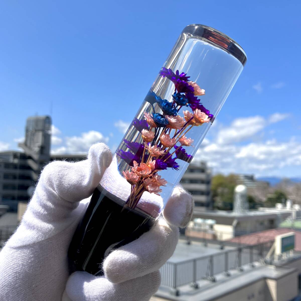 水中花 シフトノブ ギア 15cm クリスタル 汎用 車 昭和 レトロ 當時物 トラック 軽トラ デコトラ AT MT アダプター付き 青 紫 一點物