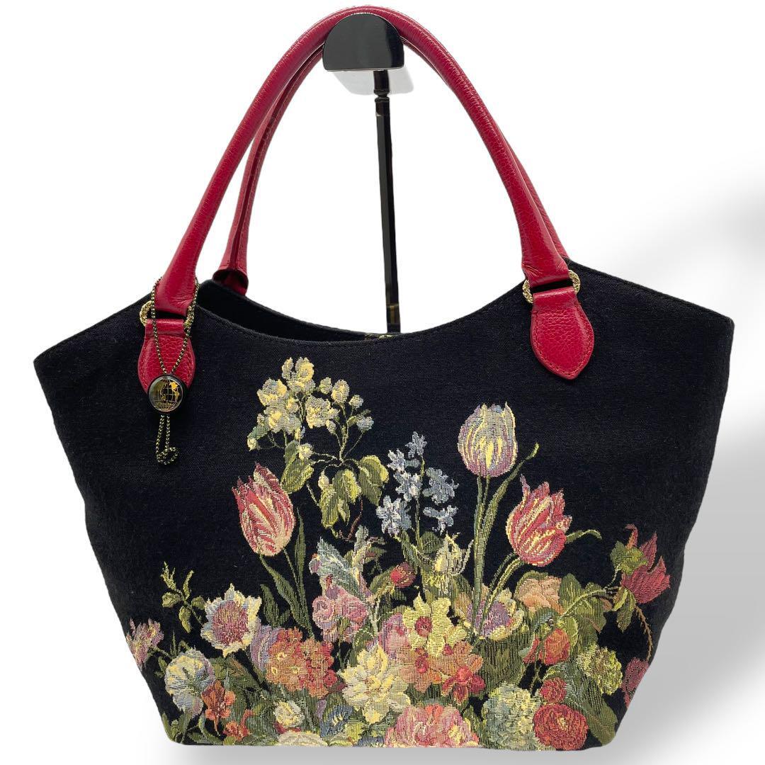 極美品 Think Bee シンクビー フィオーレ ハンドバッグ 花柄 黒 極美品 Think Bee シンクビー フィオーレ ハンドバッグ 花柄 黒