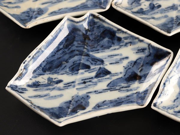 流】古伊万里 江戸期 蒟蒻印判 富士型皿五客 PA538(染付)|売買 流】古伊万里 江戸期 蒟蒻印判 富士型皿五客 PA538(染付)|売買