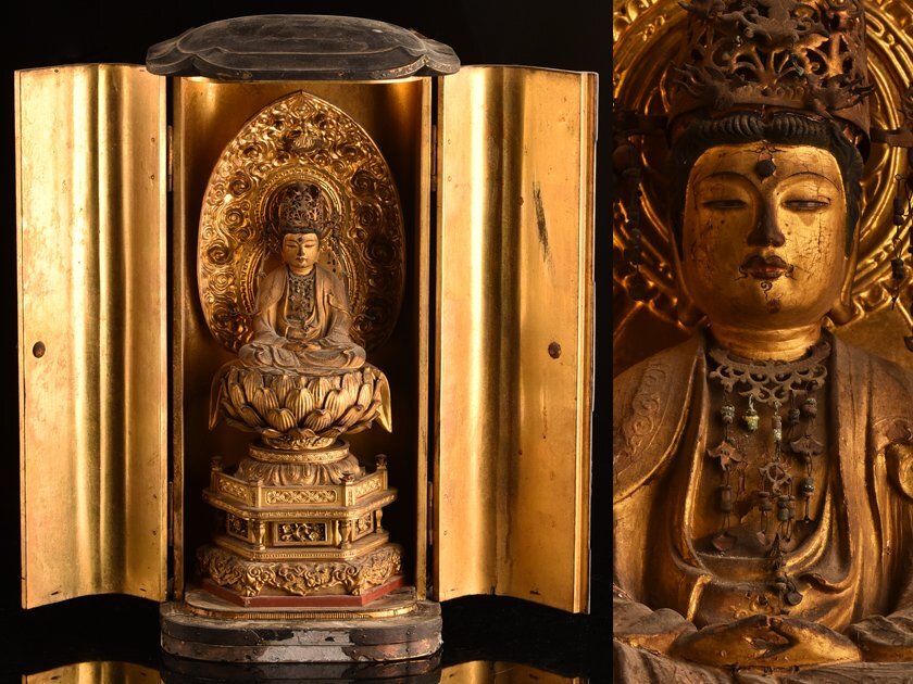 流】仏教美術 時代 木彫塗金玉眼入厨子仏座像 高56cm LA175(仏像 流】仏教美術 時代 木彫塗金玉眼入厨子仏座像 高56cm LA175(仏像