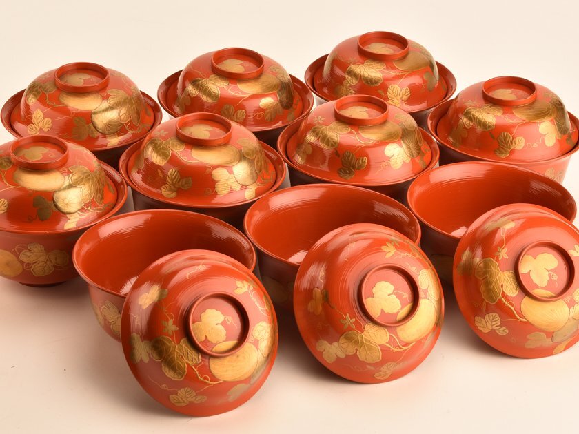 2024年のクリスマスの特別な衣装 長野横笛作 流】木製漆器 瓜蒔絵 LA839(椀 共箱 洗朱煮物椀十客 椀