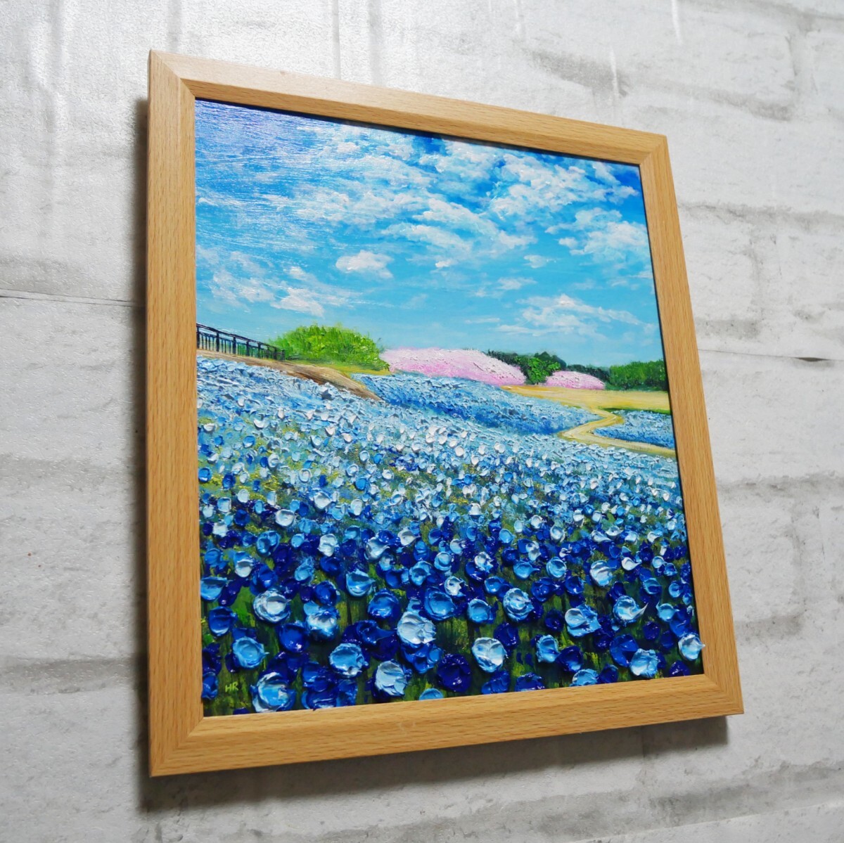 油絵 油彩 油彩画 絵 絵画 【ネモフィラと桜】(自然、風景画