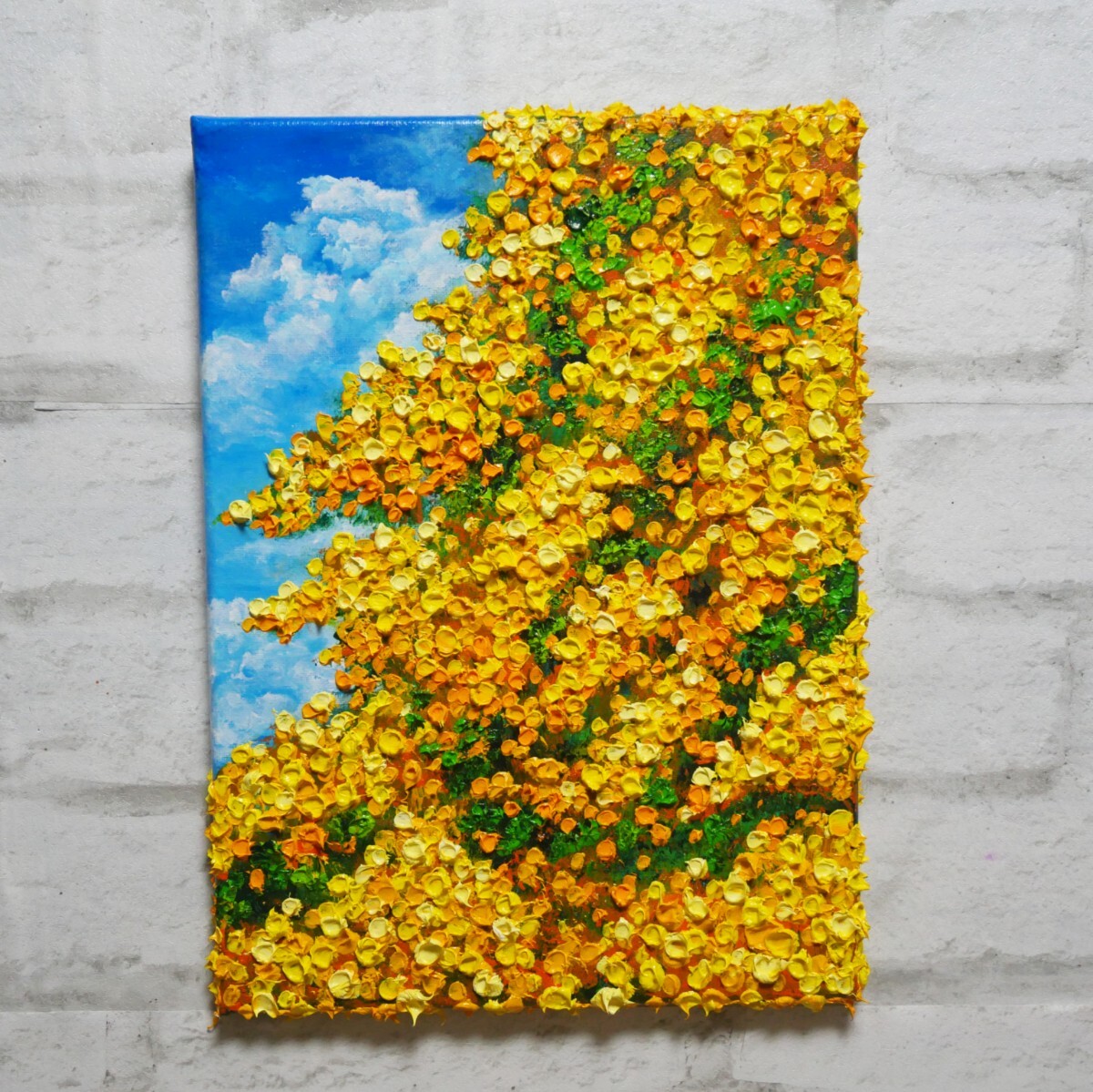 油絵 油彩 油彩画 絵 絵画【青空のミモザ】F4号(自然、風景画 油絵 油彩 油彩画 絵 絵画【青空のミモザ】F4号(自然、風景画