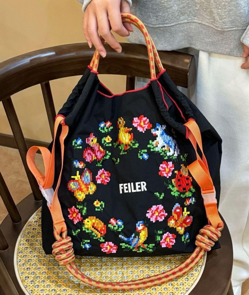 FEILER 花柄刺繍 ブラック エコバッグ トートバッグ 【L FEILER 花柄刺繍 ブラック エコバッグ トートバッグ 【L