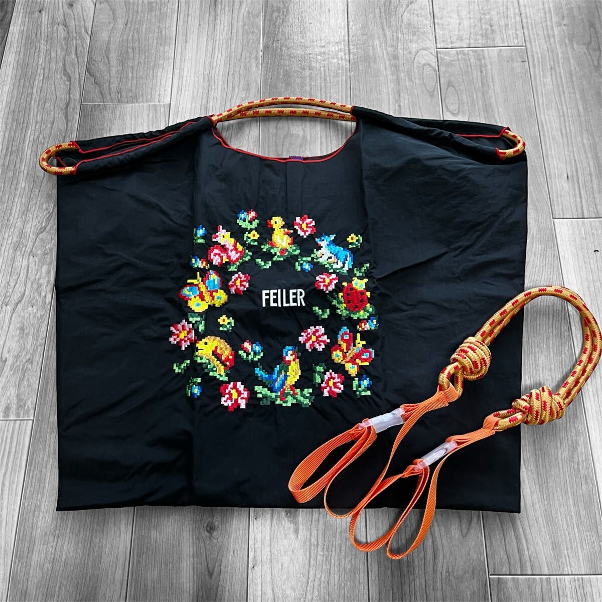 FEILER 花柄刺繍 ブラック エコバッグ トートバッグ 【L FEILER 花柄刺繍 ブラック エコバッグ トートバッグ 【L