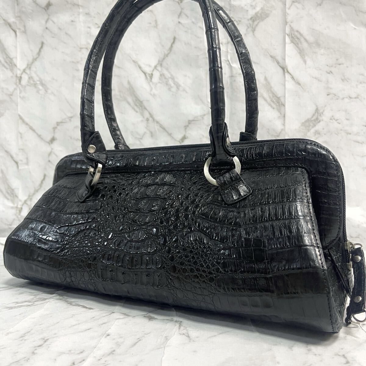美品》カイマン ワニ革 トートバッグ ハンドバッグ ミニボストン 美品》カイマン ワニ革 トートバッグ ハンドバッグ ミニボストン