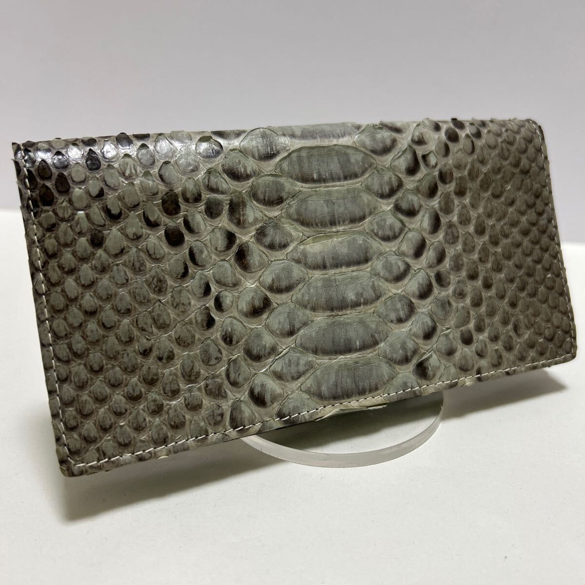 ◆Elegance エレガンス　パイソン 本革　スリム 長財布◆　二つ折り　蛇革　小銭入れ無　グレー　MADE IN ITALY 【送料無料】0402