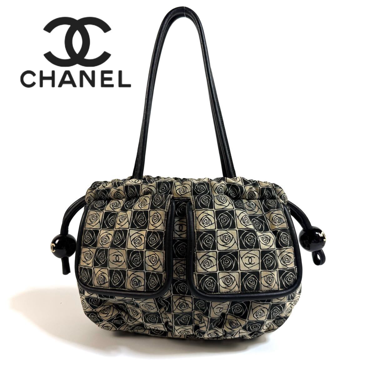美品】CHANEL シャネル コットン レザー カメリア 肩掛けトート 美品】CHANEL シャネル コットン レザー カメリア 肩掛けトート