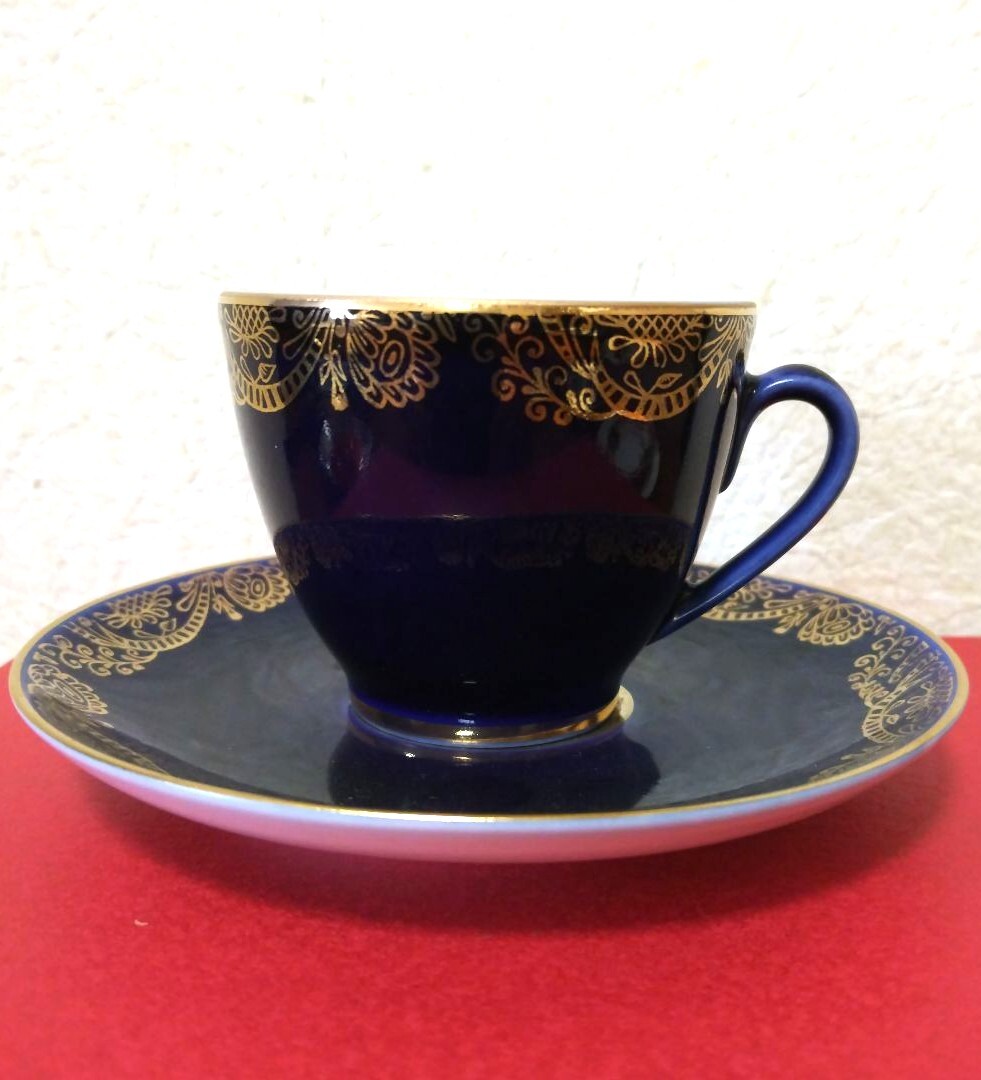 （豪華）IMPERIAL PORCELAINインペリアル ポーセレン 金彩紺色デミタスカップ&ソーサー_画像1