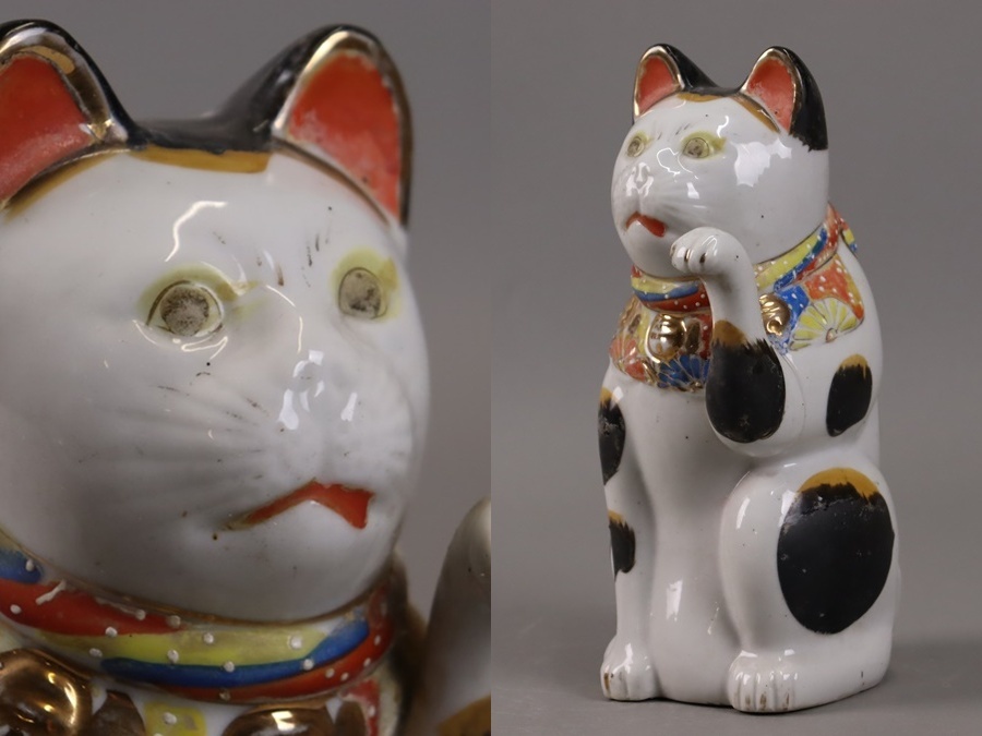 明治-大正時代 古瀬戸 色絵 金彩 招き猫 左手上げ 置物 高24,7cm 明治-大正時代 古瀬戸 色絵 金彩 招き猫 左手上げ 置物 高24,7cm