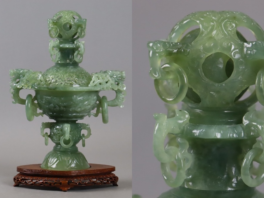 中国古玩 翡翠玉石 彫刻 天球龍耳透彫遊環付 香炉 唐木台付 高 中国古玩 翡翠玉石 彫刻 天球龍耳透彫遊環付 香炉 唐木台付 高