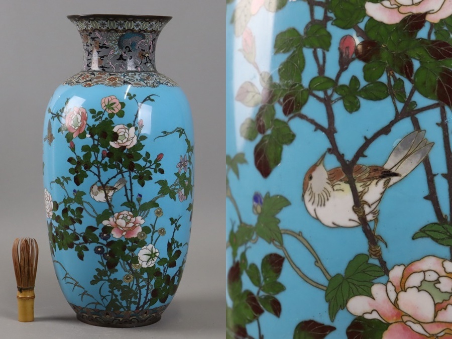 時代物 明治期 七宝焼 花鳥図 大花瓶 高41,5cm 置物 花器 煎茶飾 時代物 明治期 七宝焼 花鳥図 大花瓶 高41,5cm 置物 花器 煎茶飾