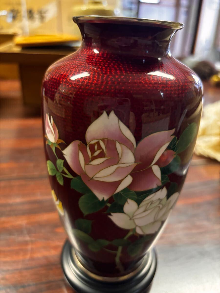 七宝焼 花瓶 薔薇文様 花器 骨董品 美術品 桐箱入(染付)|売買 七宝焼 花瓶 薔薇文様 花器 骨董品 美術品 桐箱入(染付)|売買