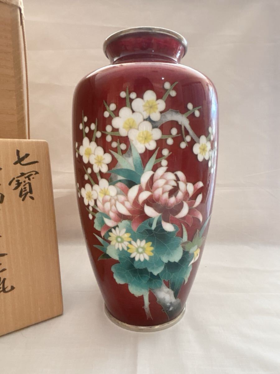七宝焼 花瓶 花入 花器 工芸品 インテリア 赤 薔薇模様 箱書き有 七宝焼 花瓶 花入 花器 工芸品 インテリア 赤 薔薇模様 箱書き有