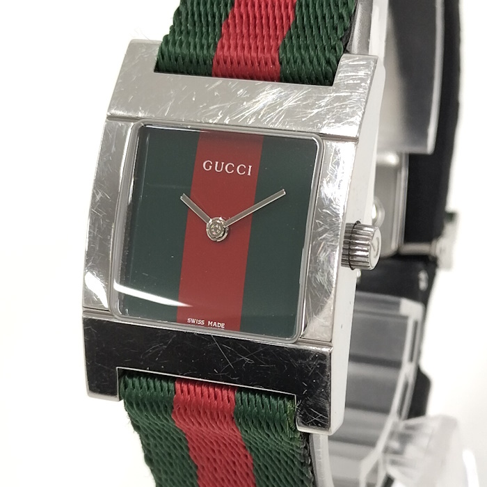 GUCCI レディース 腕時(shí)計(jì) SS スクエア シェリーライン グリーン文字盤(pán) ベルト キャンバス 7700L