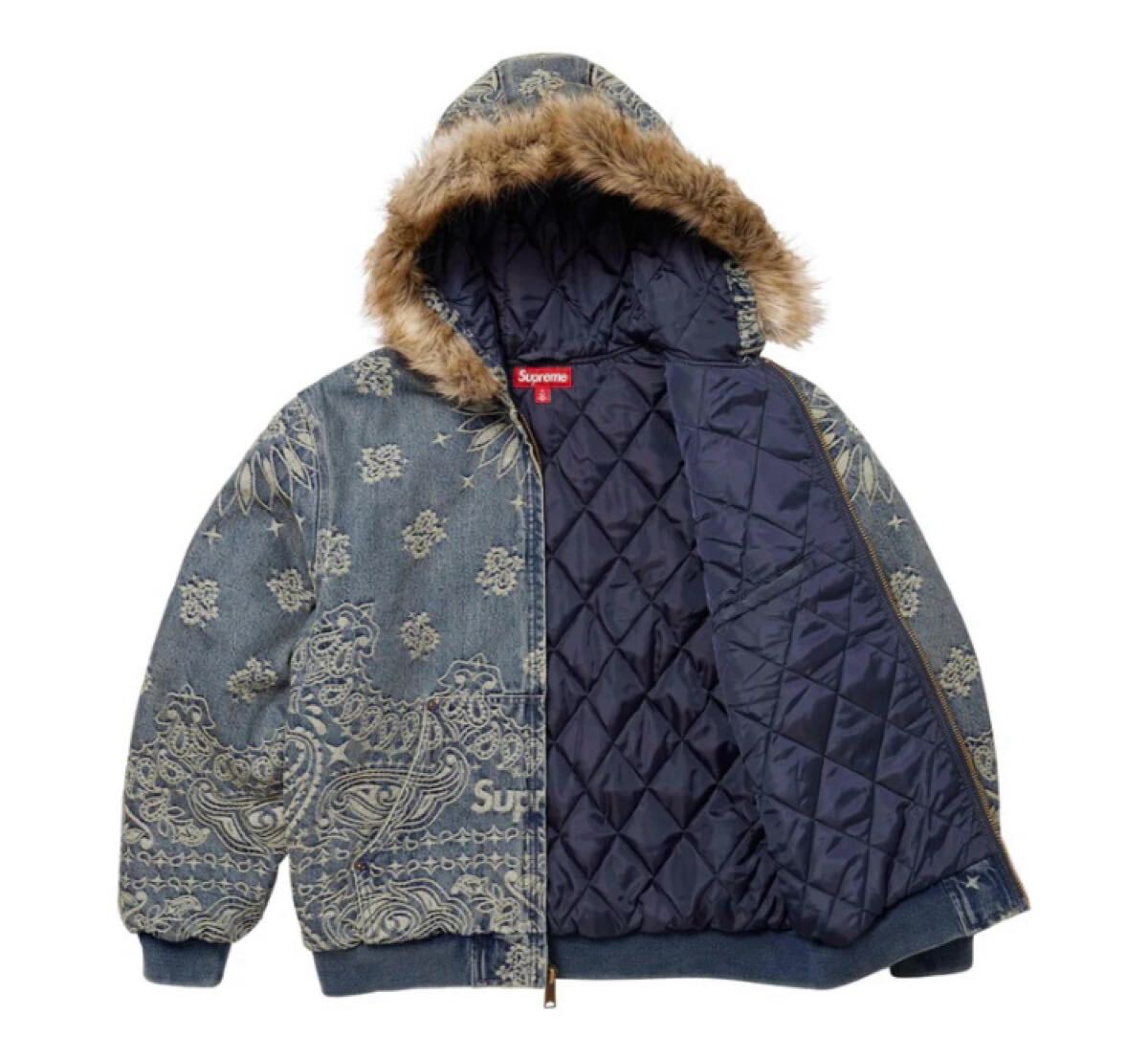 L Supreme Bandana Jacquard Denim Hooded Work Jacket Blue L Supreme Bandana Jacquard Denim Hooded Work Jacket Blue