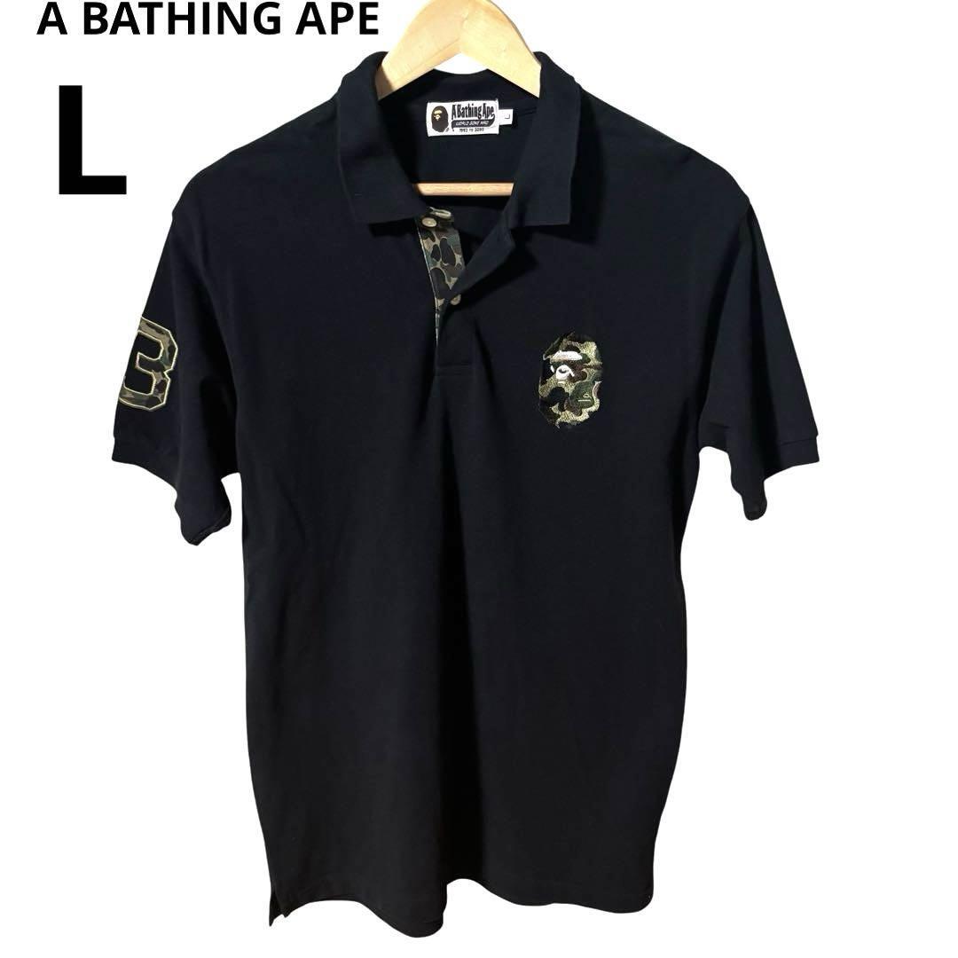 A BATHING APE アベイシングエイプ ポロシャツ ブラック×カモ L A BATHING APE アベイシングエイプ ポロシャツ ブラック×カモ L