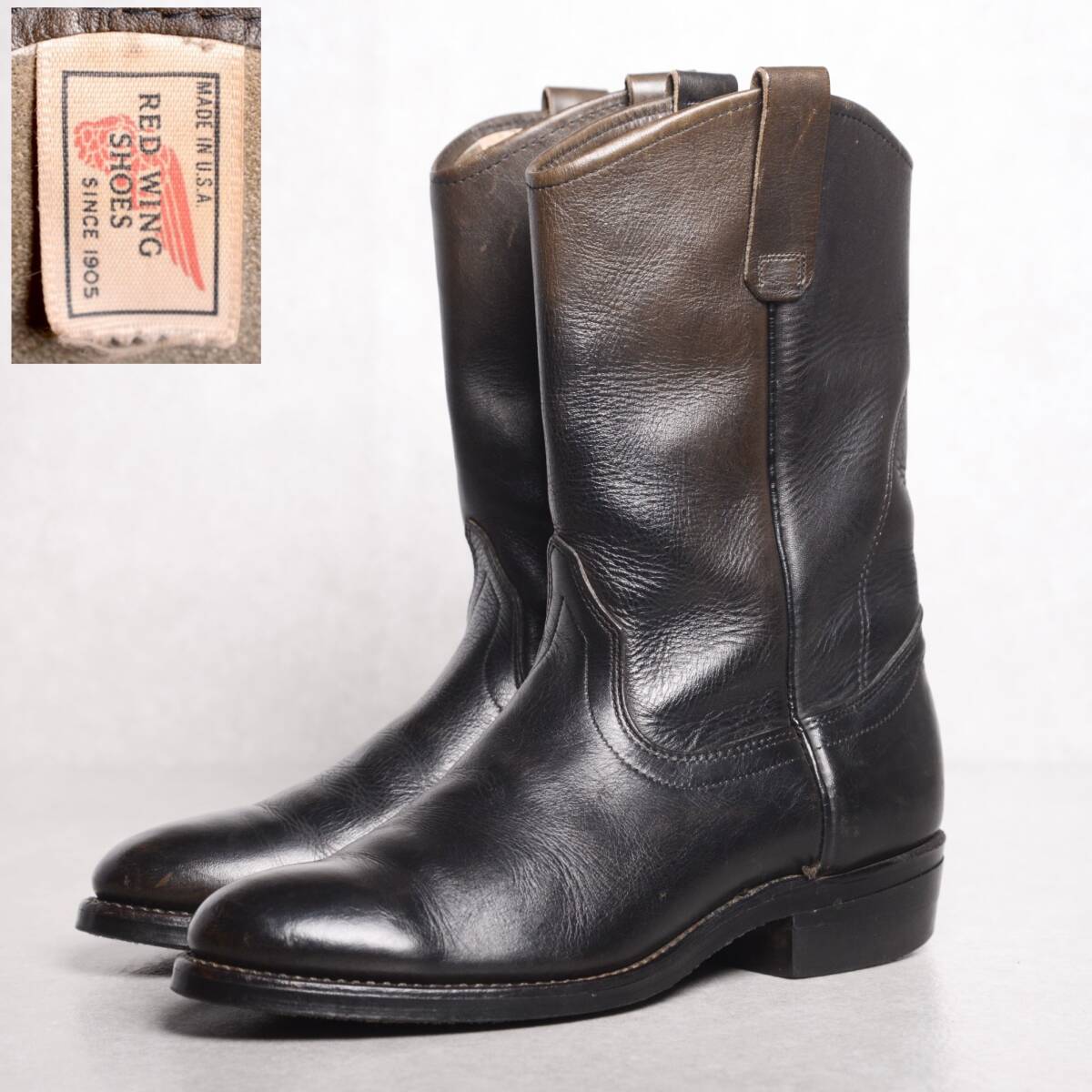 US8 5D】【茶芯】85年製 縦 プリント羽根タグ レッドウィング US8 5D】【茶芯】85年製 縦 プリント羽根タグ レッドウィング