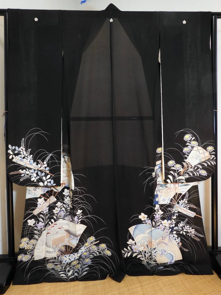 ＜銀の斧＞正絹・アンティーク絽地お振袖・絽・幻想的な染・末広がりに御所車や秋花・涼やか・刺繍・夏正装着五つ紋・大正浪漫・大正期前後