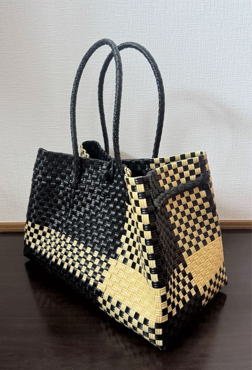 プラカゴ　メルカド　大容量　トートバッグ　ハンドメイド　パサールバッグ かごバッグ　XLサイズ　ブラック×クリーム