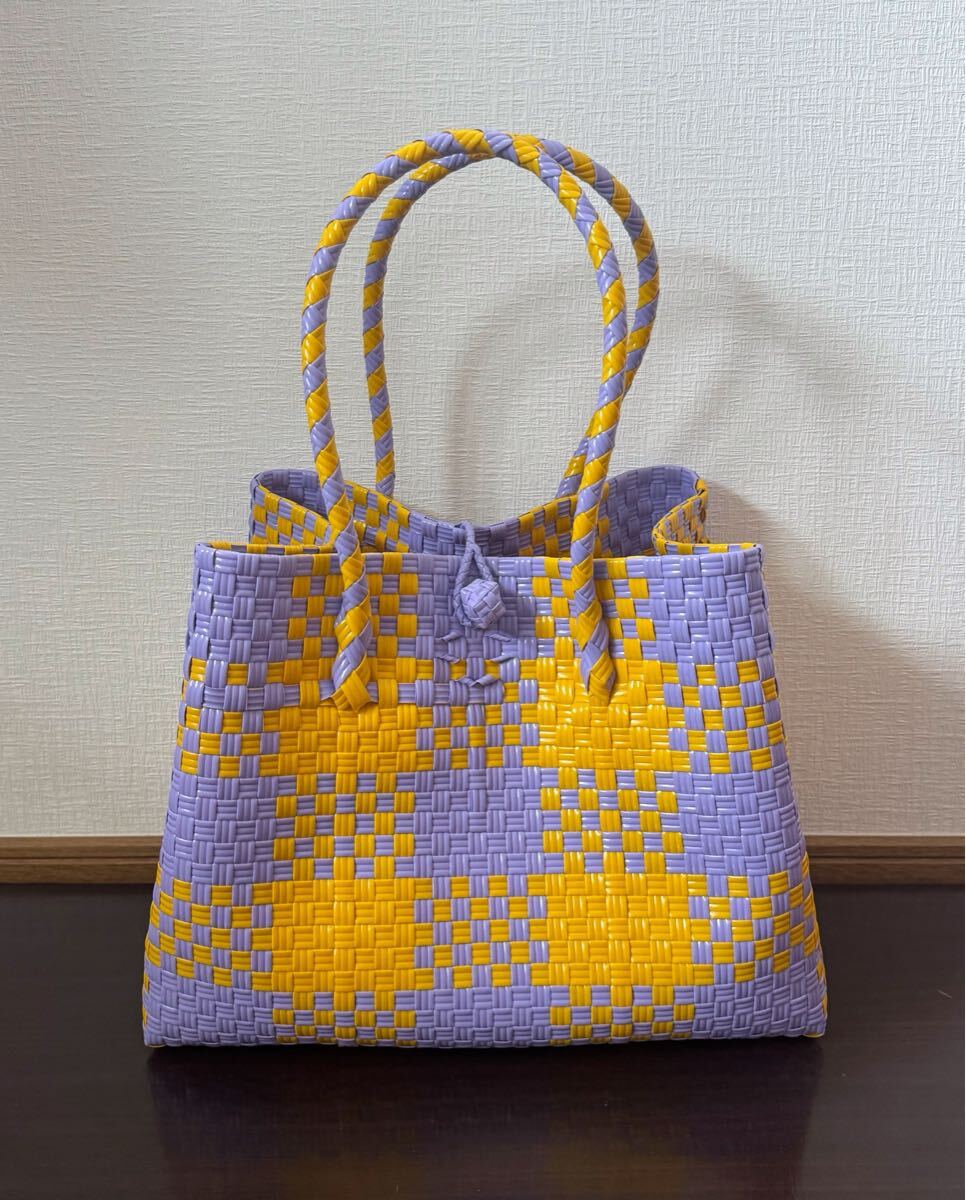 プラカゴ メルカド トートバッグ マルシェバッグ ハンドメイド ビニールバッグ 軽量 Lサイズ パサールバッグ　イエロー×ラベンダー