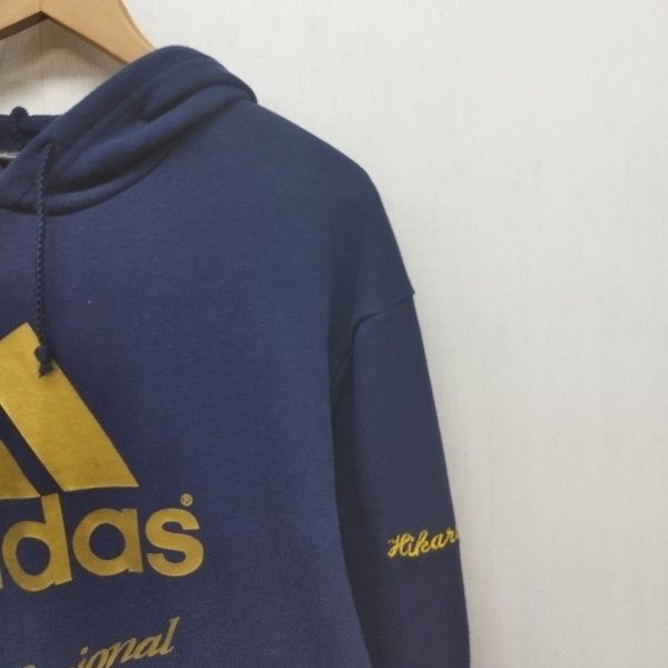 E117 adidas アディダス プロフェッショナル スウェット ビッゴ ロゴ パーカー フーディー スポーツ ネイビー系 メンズ サイズ L ゴールド