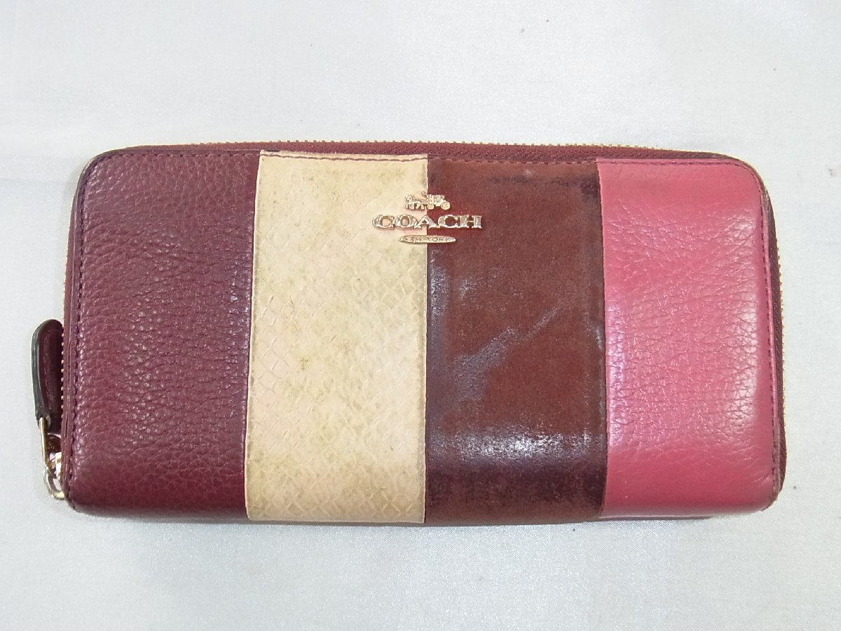 コーチ COACH 財(cái)布 ラウンドファスナー レディース バイカラー PVCレザー 赤系 中古品