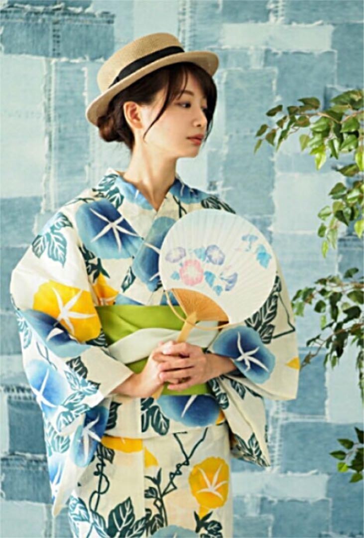 ◆高級変わり織り◆白地に朝顔咲く浴衣と若緑帯セット◆新品 呉服店購入 限定◆あさがお柄_画像1