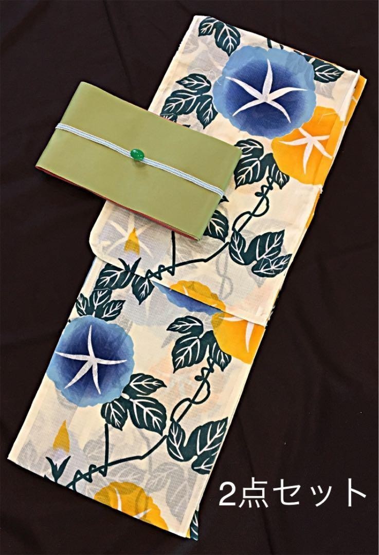 ◆高級変わり織り◆白地に朝顔咲く浴衣と若緑帯セット◆新品 呉服店購入 限定◆あさがお柄_画像2