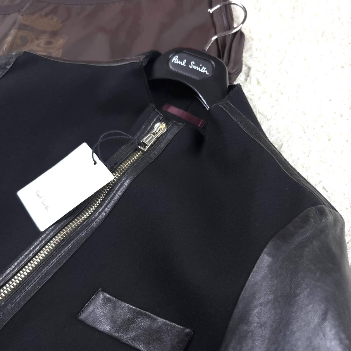 極美品羊革Paul Smithラムレザージャケット最高級ナッパスキン 黒ブラック×ワインレッド赤シングルライダースL~Mメインラインポールスミス